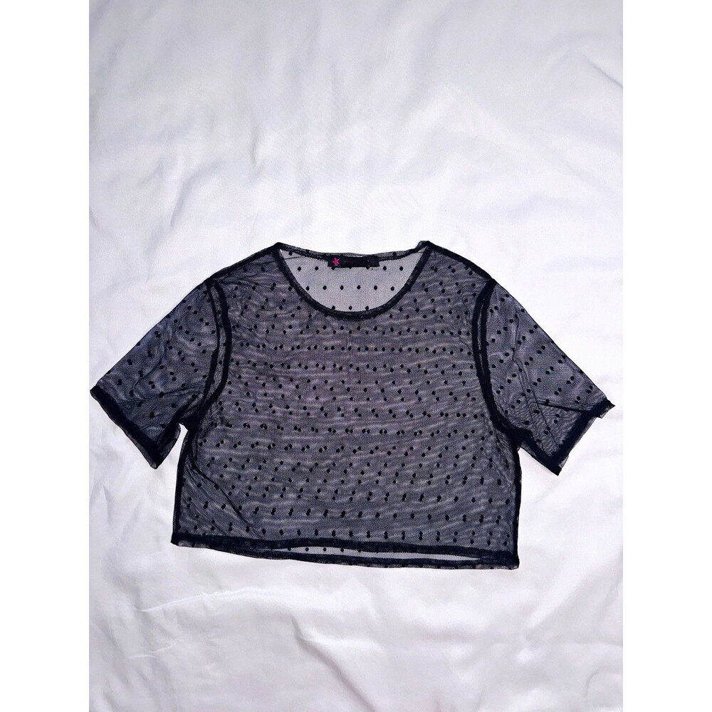 MYTH Womens S Black Sheer Mesh Polka Dot Cropped Short Sleeve Round Neck Top